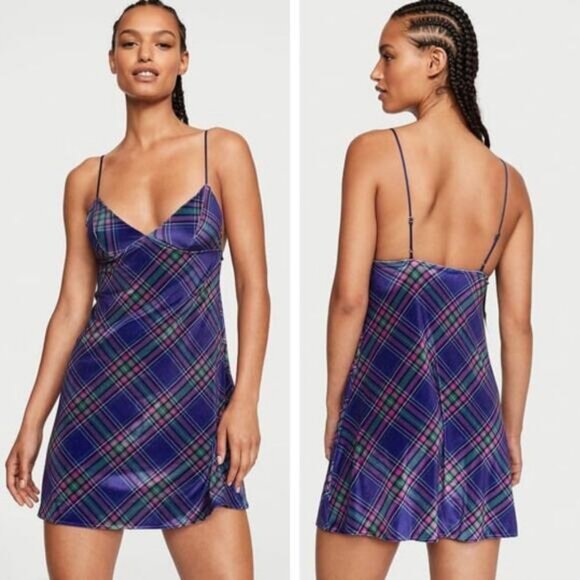 NWT VICTORIA'S SECRET Velvet Slip Dress XL Purple Plaid - Picture 1 of 5